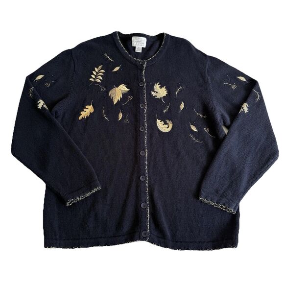 Y2K Christopher Banks Hand Embroidered Navy Gold Leaf Fall Cardigan Sweater XL - Picture 1 of 10